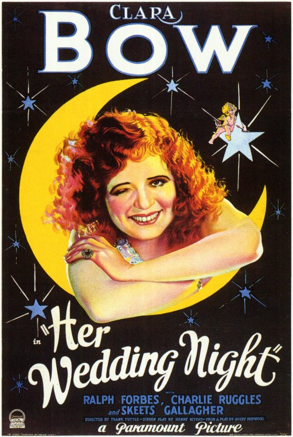 The more salacious you could make a movie seem-- this poster for Her Wedding Night (1930) winks at the audience both figuratively and literally-- the bigger the draw. 