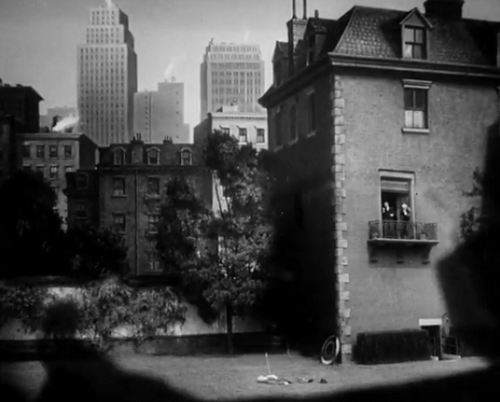 In this shot, a skyline has been inserted painstakingly while the actors on the ground and balcony are real. 