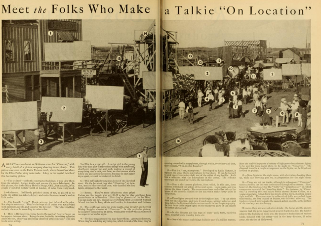A layout in Photoplay details all of the personnel involved in creating a talking picture outdoors during the shooting of Cimarron. Click for full size.